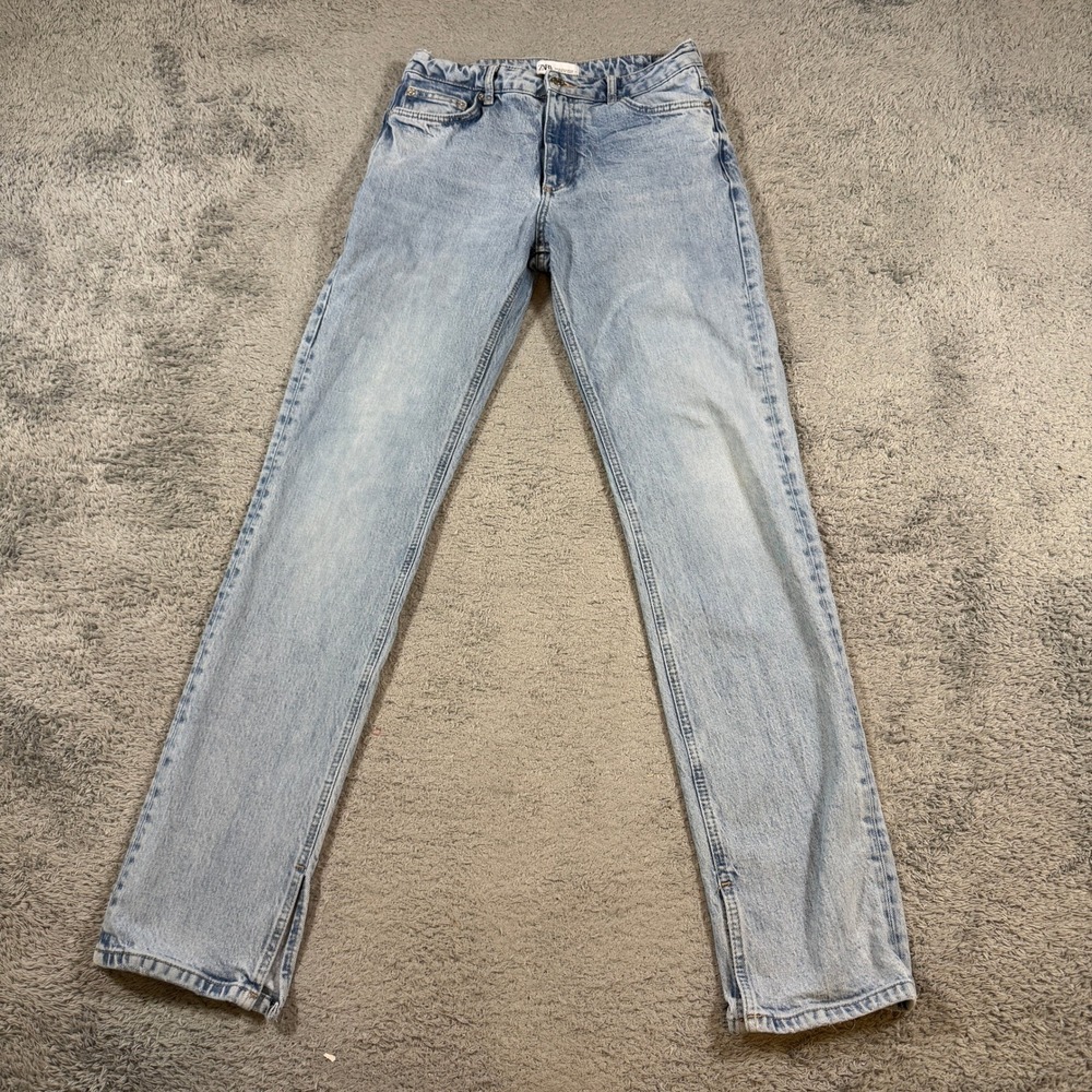 Zara Womens Straight Leg Side Slit Jeans Size 4 Light Wash Blue Denim Frayed Hem